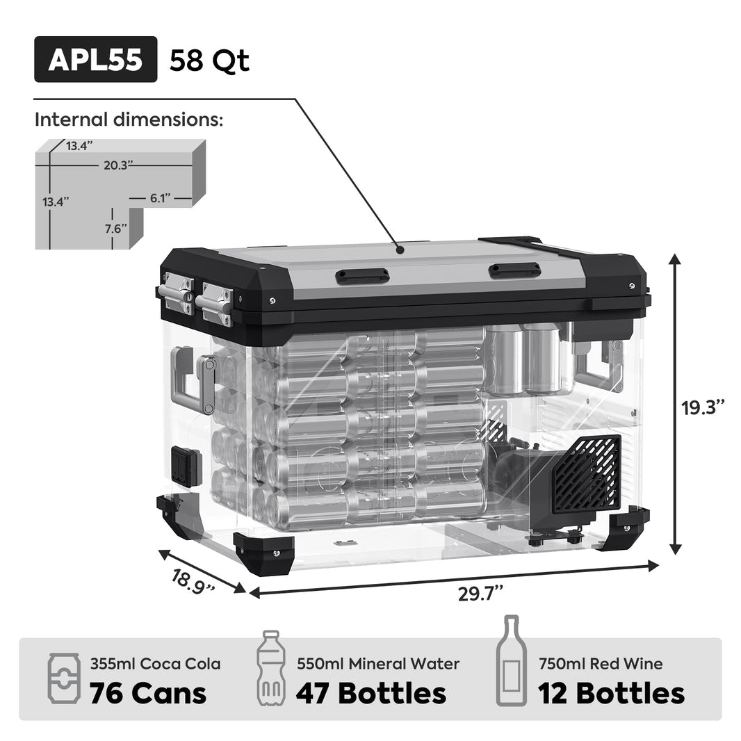 ICECO APL55 12V Dual Zone Fridge Freezer – 58QT Silver with Magnetic Battery & Solar Panel