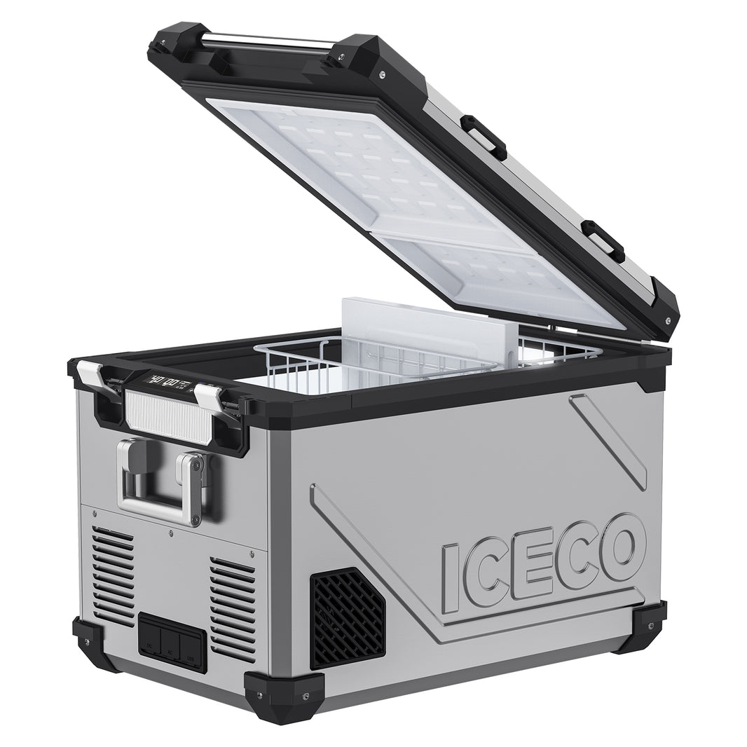 ICECO APL55 12V Dual Zone Fridge Freezer – 58QT Silver with Magnetic Battery & Solar Panel