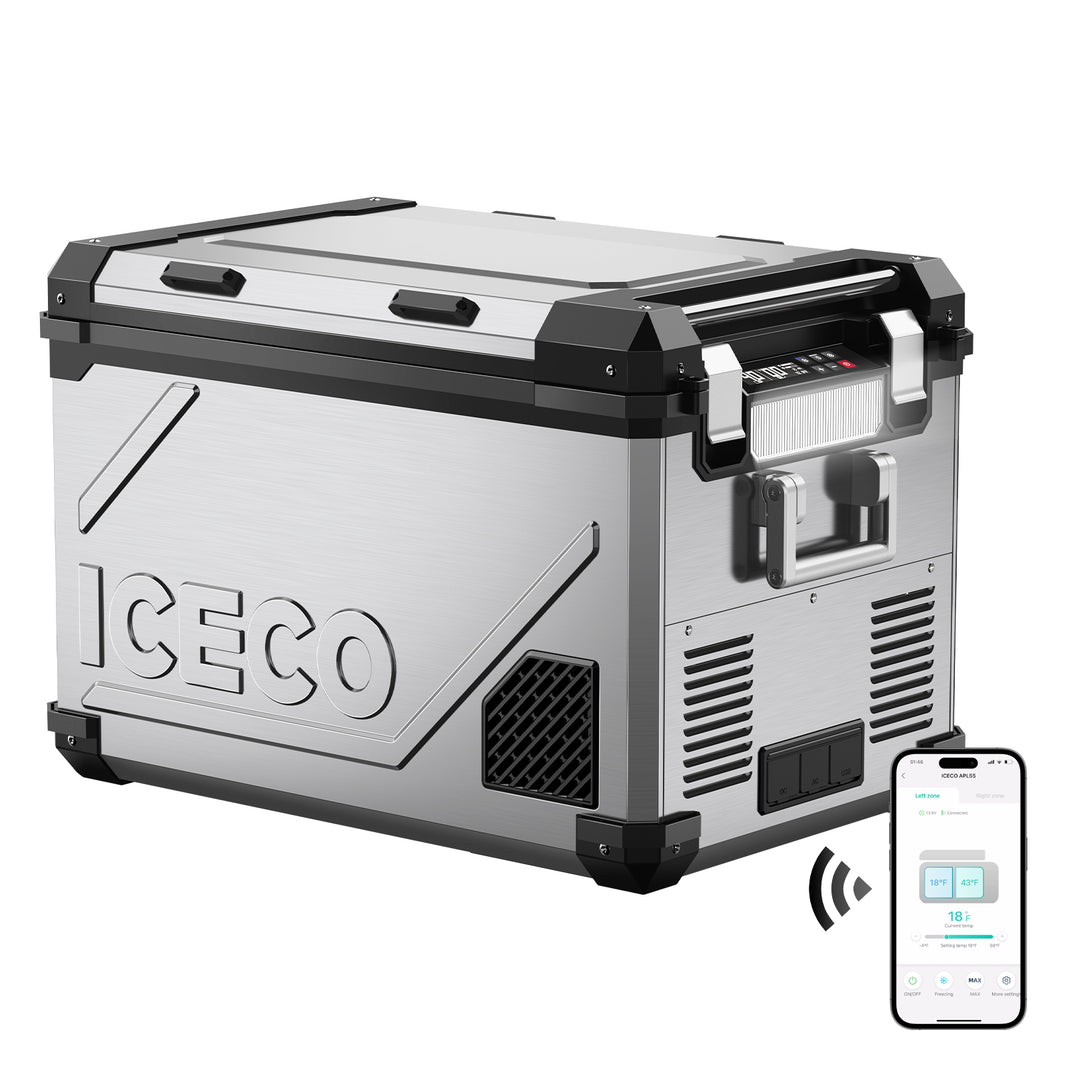 ICECO APL55 12V Dual Zone Fridge Freezer – 58QT Silver with Magnetic Battery & Solar Panel