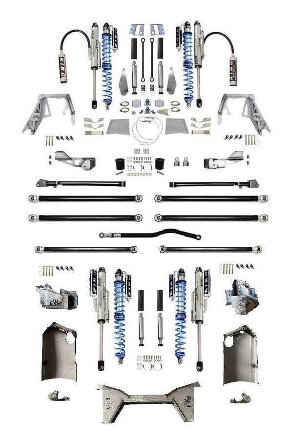 EVOMFG JLU KING Front 2.5 Inch Double Throwdown Rear 2.5/3.0 Inch Coilover Bypass Triangulated Long Arm PRO PLUS, BLACK, 4 Door 2.0 or 3.6L or 392 JEEP WRANGLER