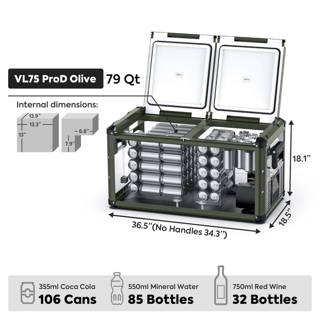 ICECO 79.2QT VL75ProD Olive 12V Heavy Duty Portable Fridge Freezer – Dual Zone Ships Out in Mid-July