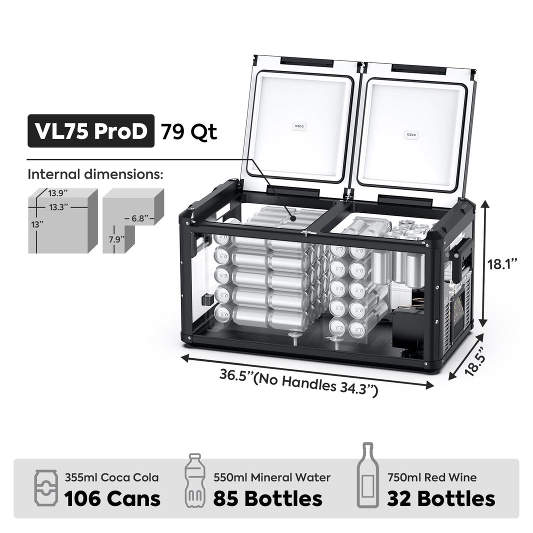 ICECO 79.2QT VL75ProD 12V Robust Portable Freezer with PB1000 Power Station – Dual Zone