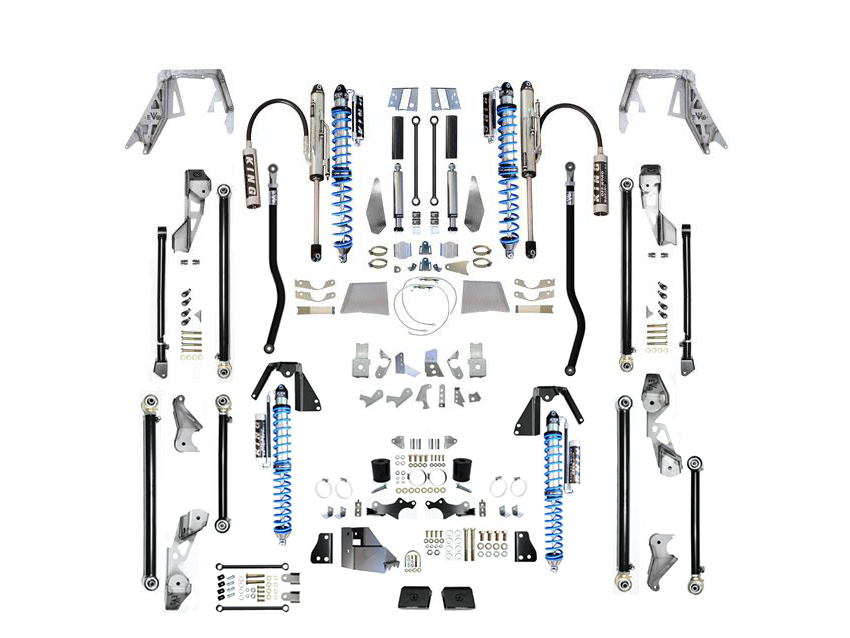 EVOMFG JLU Diesel KING Front 2.5 Inch Double Throwdown Rear 2.5 Inch Coilover Bypass HC Long Arm PRO PLUS, BLACK, 4 Door
